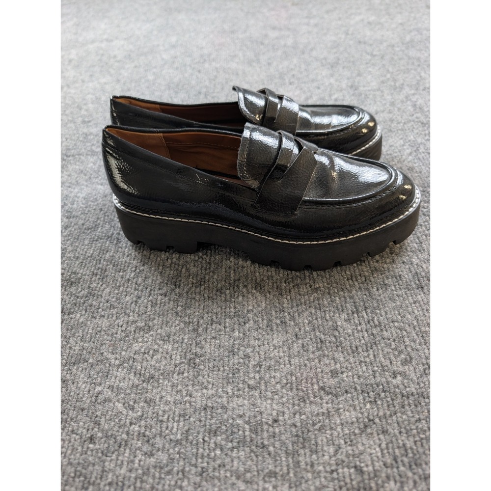 Franco Sarto Bazel Black Crinkled Patent Lug Sole Penny Loafers Women's Size 7M